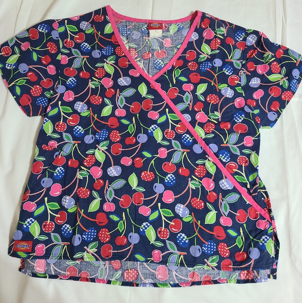 Dickies Womens Colorful Fruit Print Scrub Top, Pink Floral Top With Pink Pants